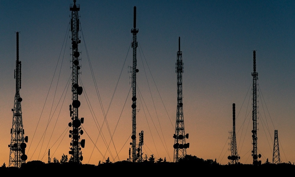 Telecommunications array at sunset