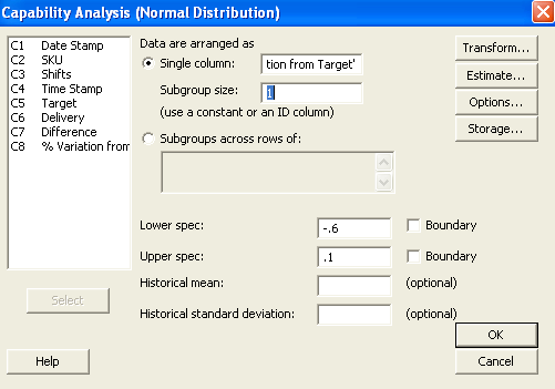 Figure 2: Capability Analysis Input Screen with Subgroup Size of 1