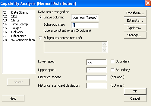 Figure 2: Capability Analysis Input Screen with Subgroup Size of 1 Figure 2: Capability Analysis Input Screen with Subgroup Size of 1