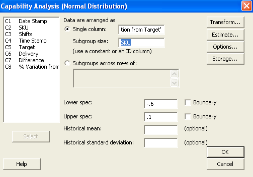Figure 5: Capability Analysis Input Screen with Subgroup Size of SKU