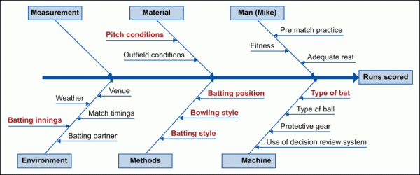 Figure 4: Example of Completed Fishbone Diagram – graphic excerpted from “Case Study: Applying Six Sigma to Cricket” at https://www.isixsigma.com/implementation/sports/case-study-applying-six-sigma-to-cricket/ (Click to enlarge)