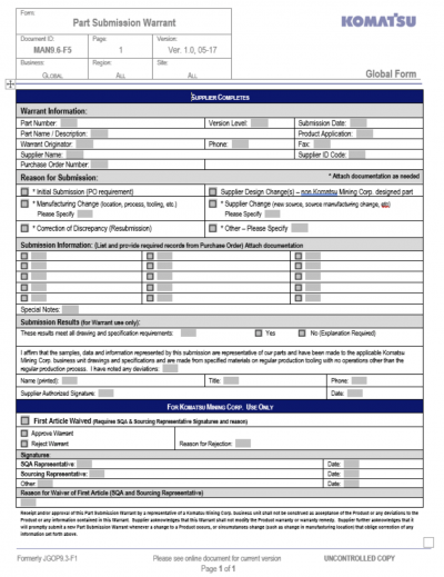 PSW - parts submission warrant example