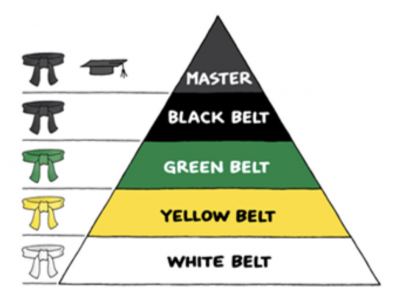 A graphic showing the belt designations in Six Sigma, with the Master Black Belt at the top