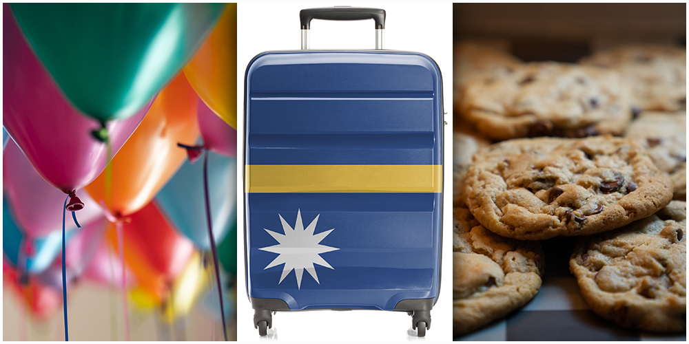 Left frame: balloons represending a birthday party; Middle frame: a suitcase with the flag of Nauru; Right frame: chocolate chip cookies