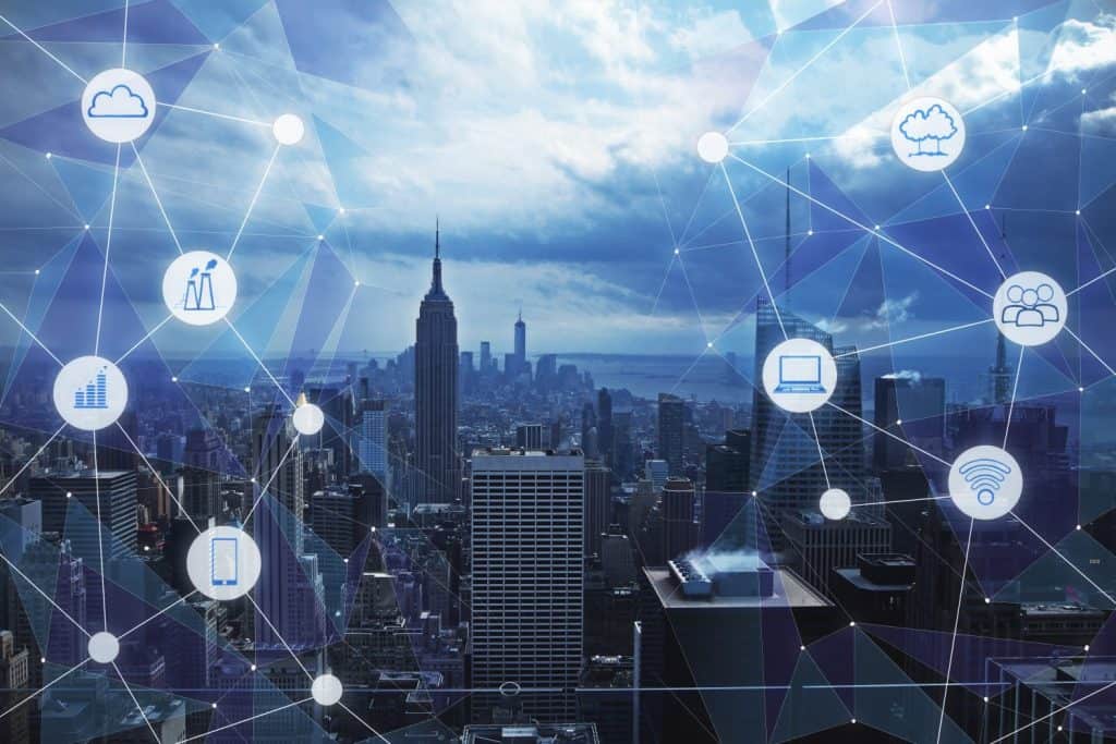 Modern city background with creative media interface. Urbanization and technology concept. Double exposure