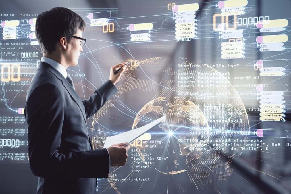 Man working with virtual digital interface, big data and digital transformation concept