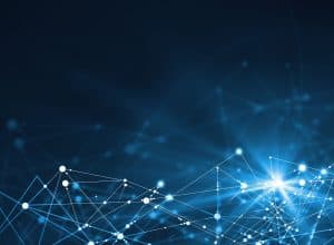 Abstract connected dots on bright blue background. Technology concept